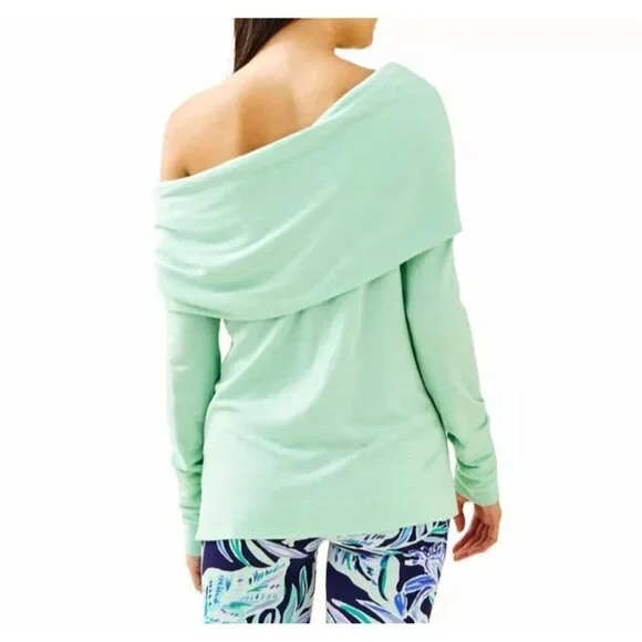LILLY PULITZER Belinda Off The Shoulder Pullover Heathered Resort Aqua Top Sz S - Picture 2 of 8